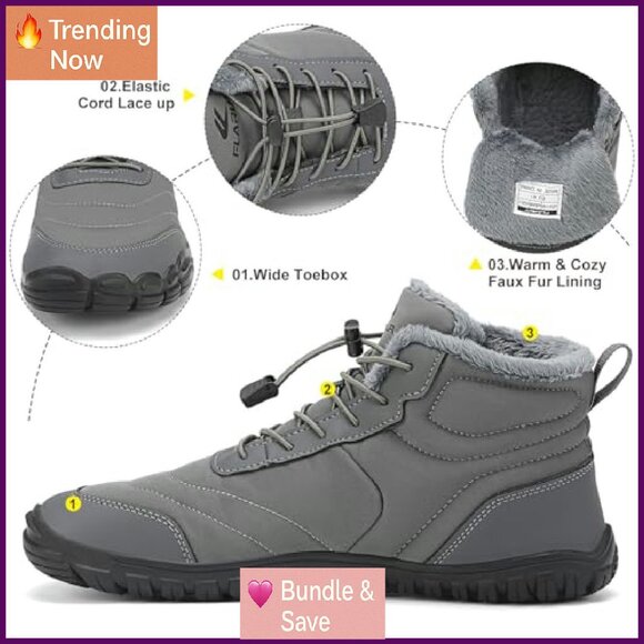 Fur Lined Snow Boots Wide Toe Box Zero Drop Winter Warm Ankle Sneakers - Picture 4 of 8